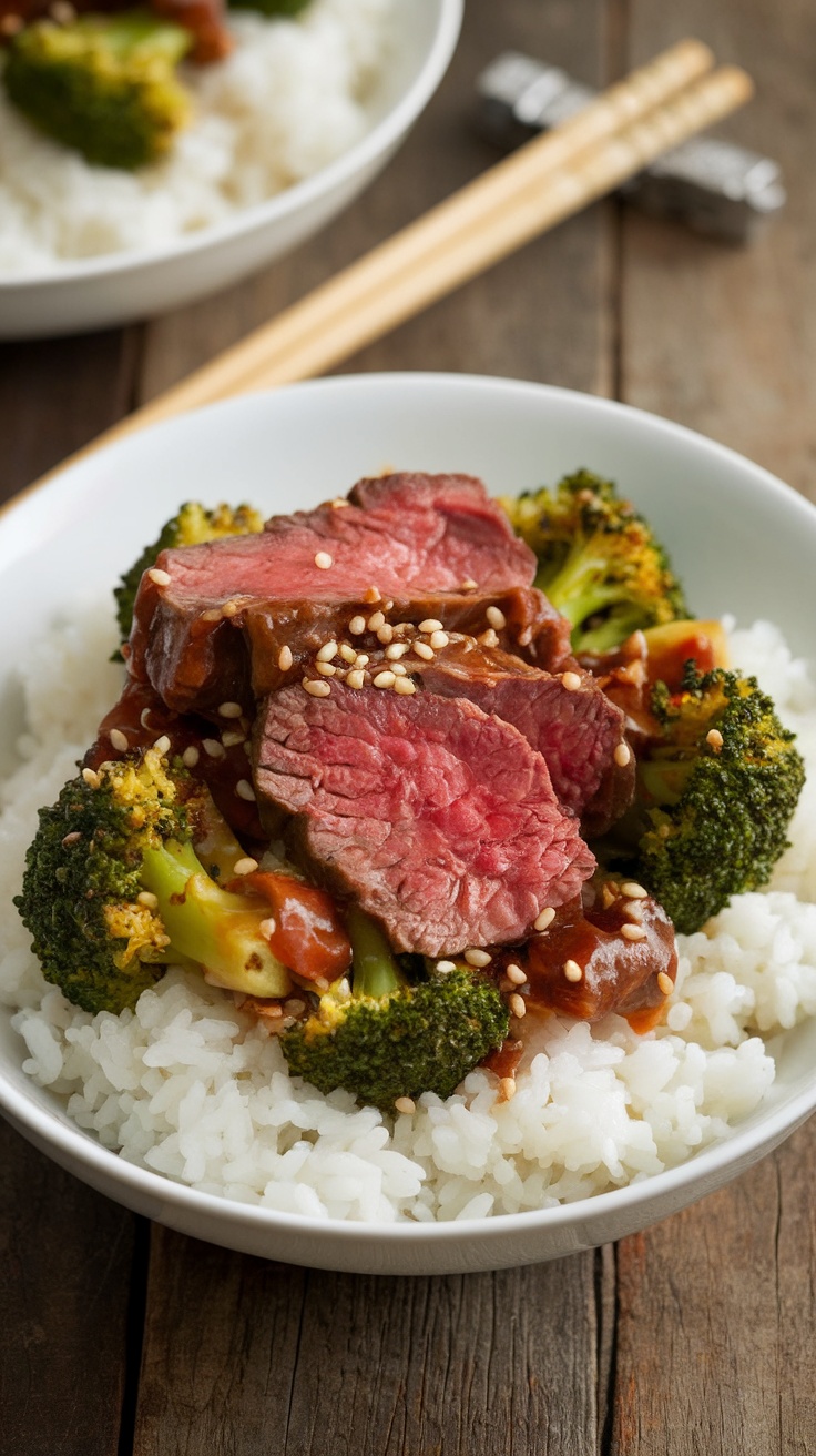 Slow cooker beef and broccoli served over rice, garnished with sesame seeds on a wooden table.